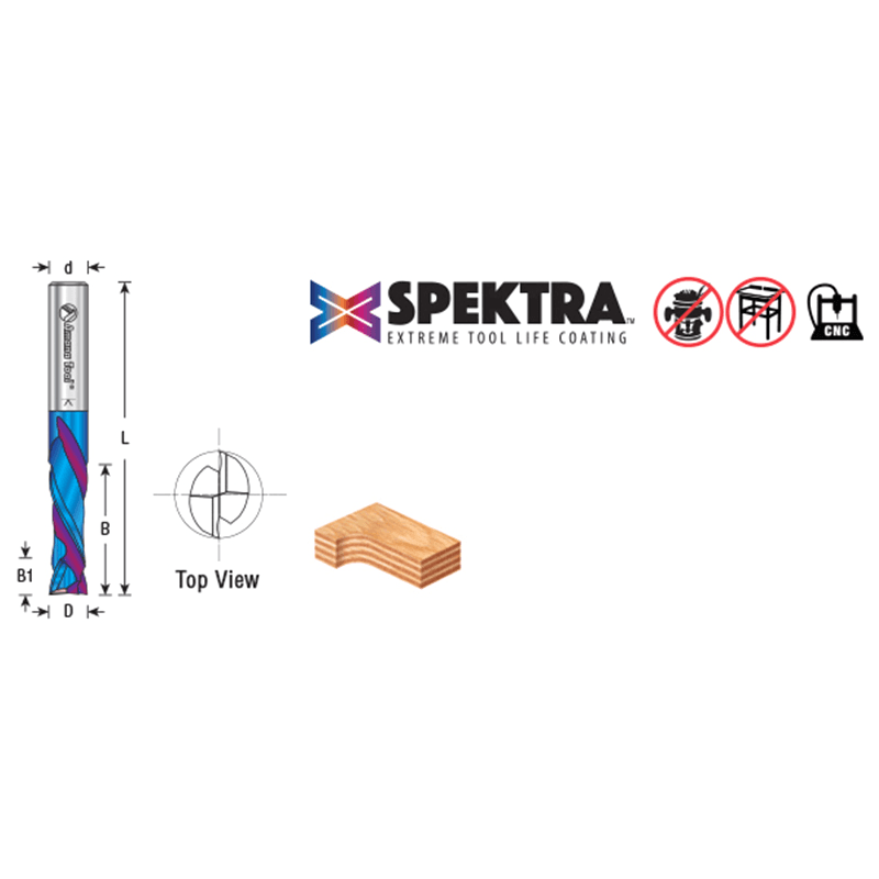 3/8" Dia x 1-1/4" CNC Solid Carbide Spektra Extreme Tool Life Coated Compression Spiral Bit, 2 Flute, 3/8" Shank Alt 1 - Image
