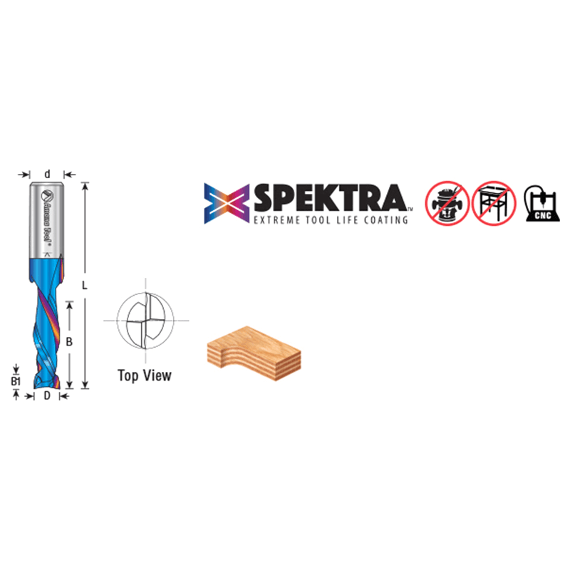 1/4" Dia x 1" CNC Solid Carbide Spektra Extreme Tool Life Coated Mortise Compression Spiral Bit, 2 Flute, 1/4" Shank Alt 1 - Image