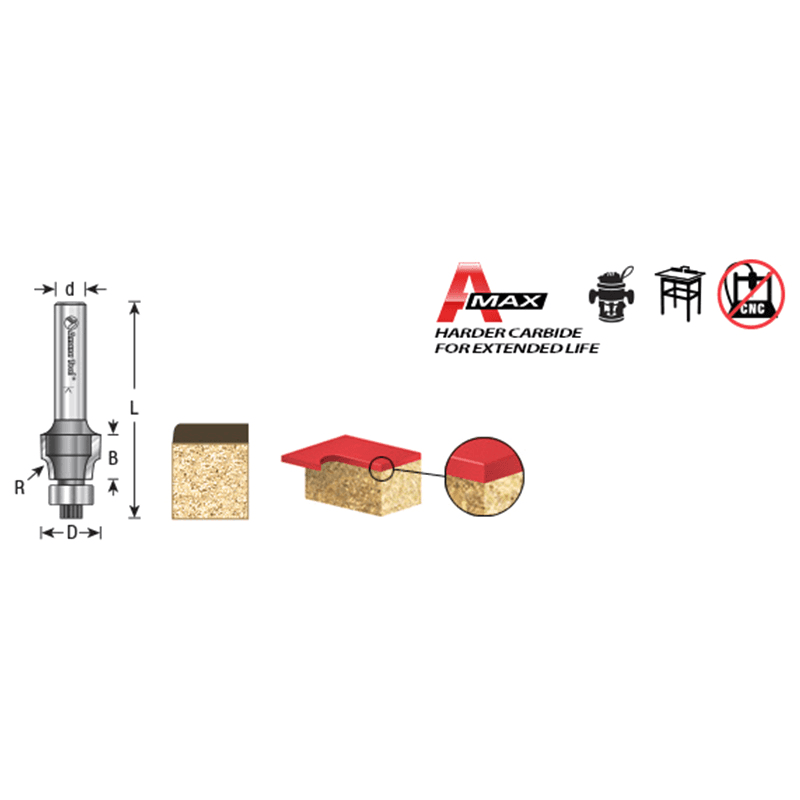 1/2" Dia x 3/8" Carbide Tipped No-File Trim .059 Radius Bevel Trim Bit, s, 1/2" Shank Alt 1 - Image