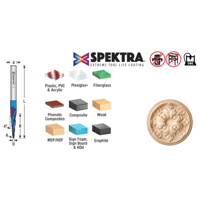 1.5mm x 75mm CNC 2D/3D Carving 5.4° Tapered Angle Ball Up-Cut Spektra Extreme Tool Life Coated Spiral Router Bit, 4-Flute, 6mm Shank Alt 1 - Image