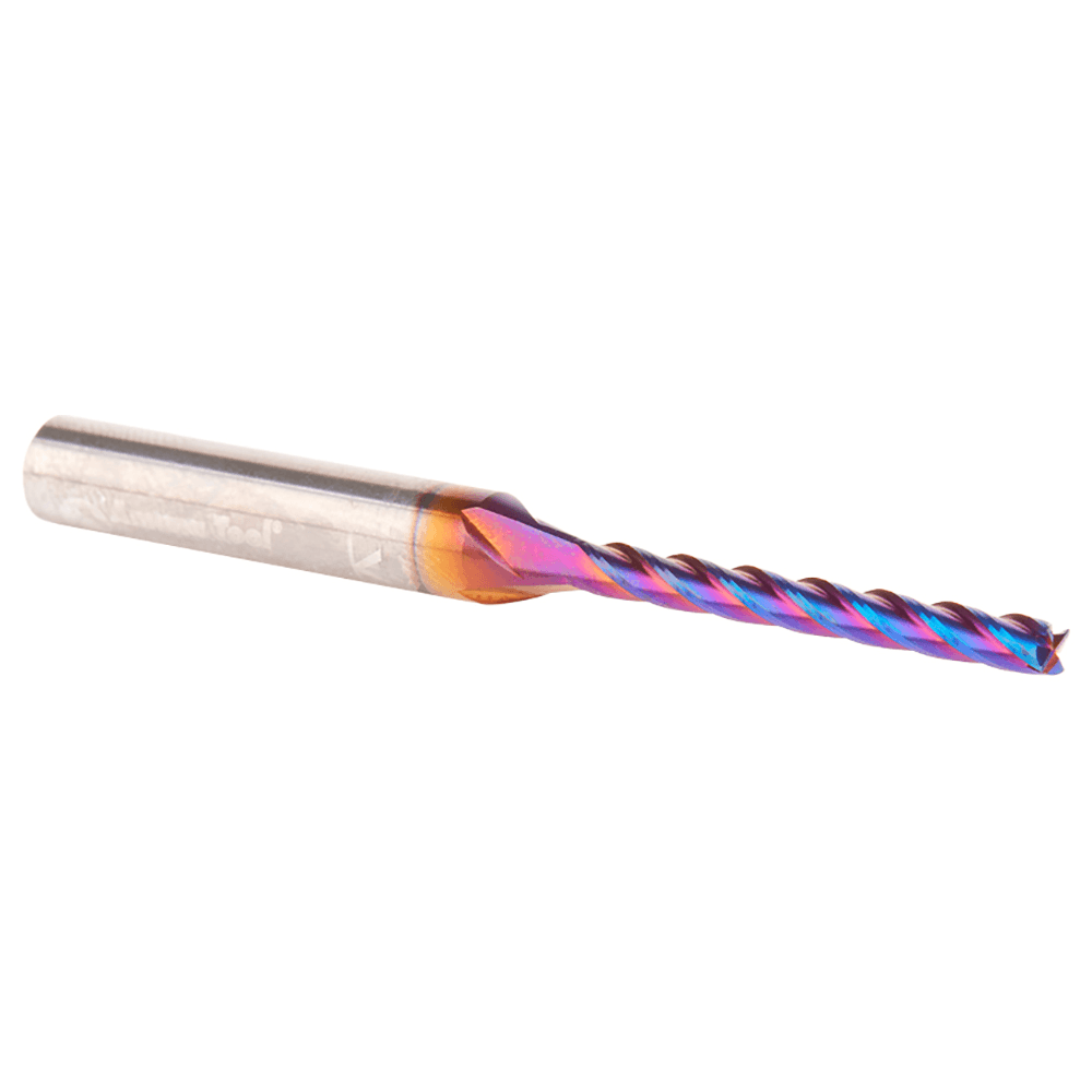 3mm x 63mm CNC 2D/3D Carving 0.10° Flat Bottom Up-Cut Spektra Extreme Tool Life Coated Spiral Router Bit, 4-Flute, 6mm Shank Alt 3 - Image