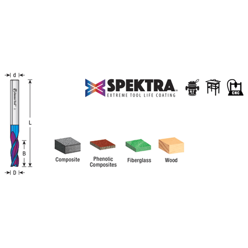 6mm x 63mm Solid Carbide Up-Cut Spektra Extreme Tool Life Coated Spiral Router Bit, 3-Flute, 6mm Shank Alt 1 - Image