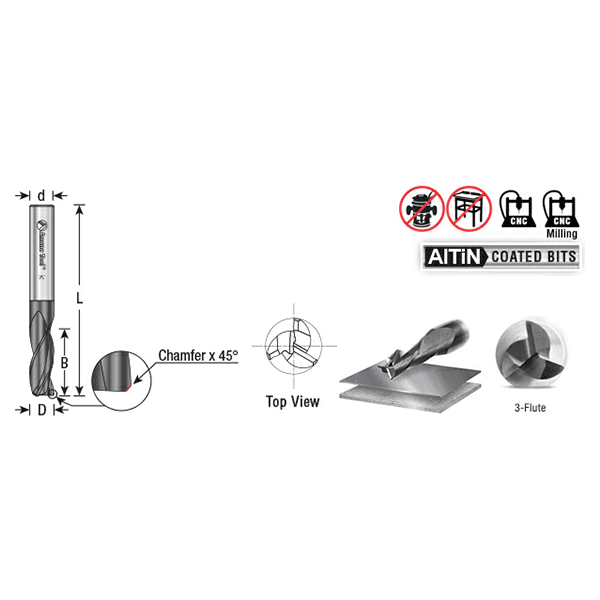 1/8" Dia x 3/8" CNC Solid Carbide Up-Cut Spiral Router Bit for Steel/Stainless Steel with AlTiN Coating 3-Flute, 1/4" Shank Alt 2 - Image