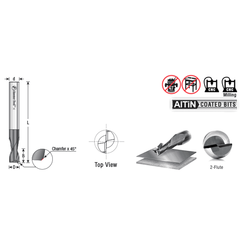 3/8" Dia x 1/2" CNC Solid Carbide Spiral Router Bit for Steel/Stainless Steel with AlTiN Coating 2-Flute, 3/8" Shank, 3" Long Up-Cut Router Bit, /45º Corner Chamfer End Mill Alt 1 - Image