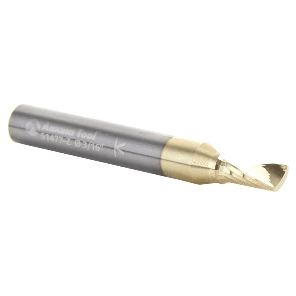 3/16" x 2" x 3/8" ZrN Coated Up-Cut 'O' Aluminum Cutting CNC Spiral Router Bit, 1-Flute, 1/4" Shank - Alt Image 2