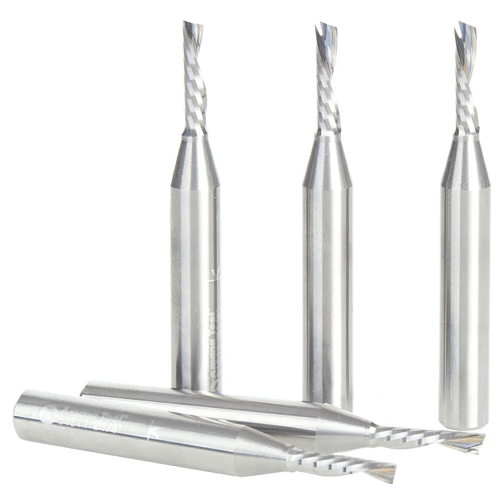 1/8" x 2" x 1/2" Down-Cut 'O' Plastic Cutting CNC Spiral Router Bit, 1-Flute, 1/4" shank (5/Pack) Alt 1 - Image
