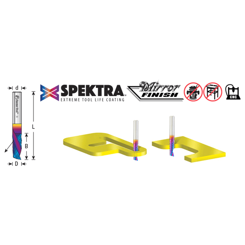 1/16" x 1/4" Spektra Extreme Tool Life Coated Down-Cut 'O' Plastic Cutting CNC Spiral Router Bit, 1-Flute, 1/8" Shank Alt 1 - Image