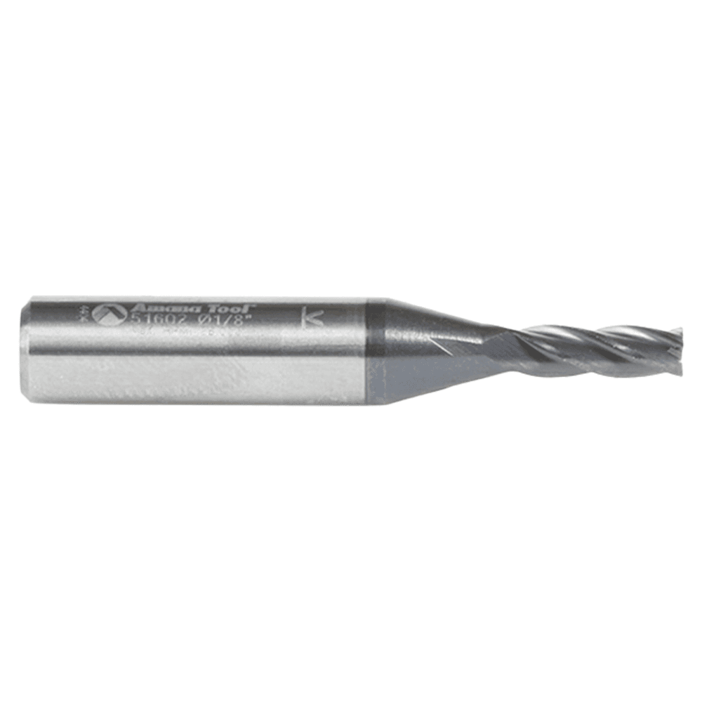 1/8 Dia x 3/8" CNC Solid Carbide Spiral Router Bit for Steel & Stainless Steel with AlTiN Coating 4-Flute, 1/4" Shank, 1-1/2" Long Up-Cut Router Bit, /45º Corner Chamfer End Mill Alt 2 - Image