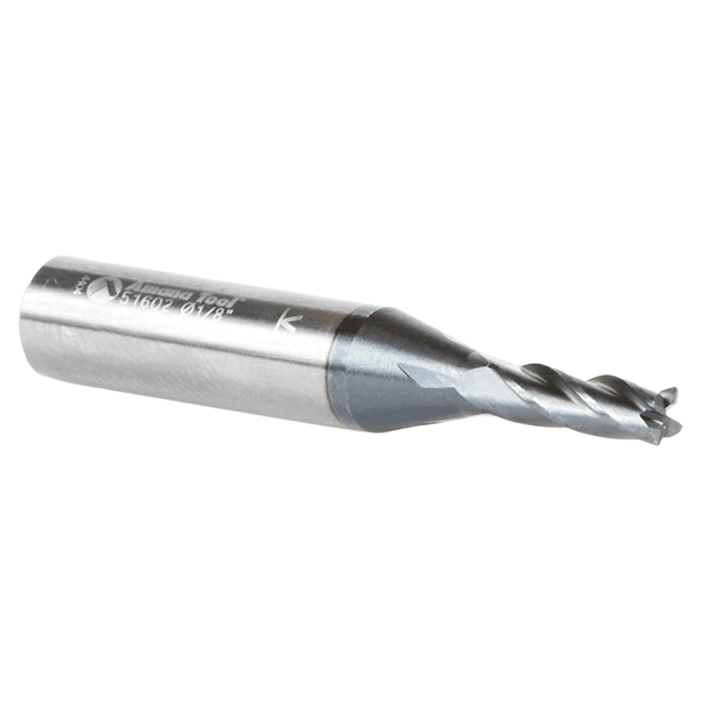 1/8 Dia x 3/8" CNC Solid Carbide Spiral Router Bit for Steel & Stainless Steel with AlTiN Coating 4-Flute, 1/4" Shank, 1-1/2" Long Up-Cut Router Bit, /45º Corner Chamfer End Mill Alt 3 - Image