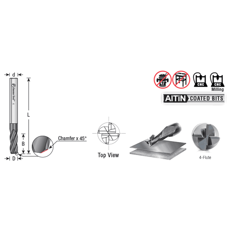 1/4" Dia x 5/8" CNC Solid Carbide Spiral Router Bit for Steel/Stainless Steel with AlTiN Coating 4-Flute, 1/4" Shank, 2-3/8" Long Up-Cut Router Bit, /45º Corner Chamfer End Mill Alt 1 - Image