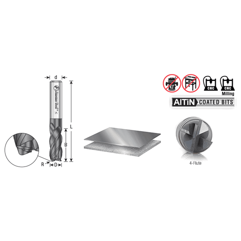 1/4" Dia x 5/8" CNC Variable Helix Spiral Router Bit, Corner Radius Bottom, 1/4" Shank x 0.015" Radius Solid Carbide AlTiN Coated Up-Cut End Mill Alt 1 - Image