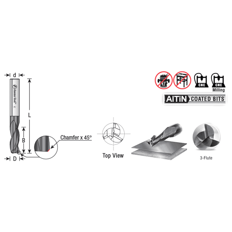 6mm Dia x 16mm CNC Metric Solid Carbide Spiral for Steel & Stainless Steel with AlTiN Coating 3-Flute, 6mm Shank, 60mm Long Up-Cut Router Bit, /45º Corner Chamfer End Mill Alt 1 - Image
