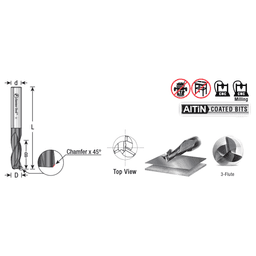 6mm Dia x 16mm CNC Metric Solid Carbide Spiral for Steel & Stainless Steel with AlTiN Coating 3-Flute, 6mm Shank, 60mm Long Up-Cut Router Bit, /45º Corner Chamfer End Mill Alt 1 - Image