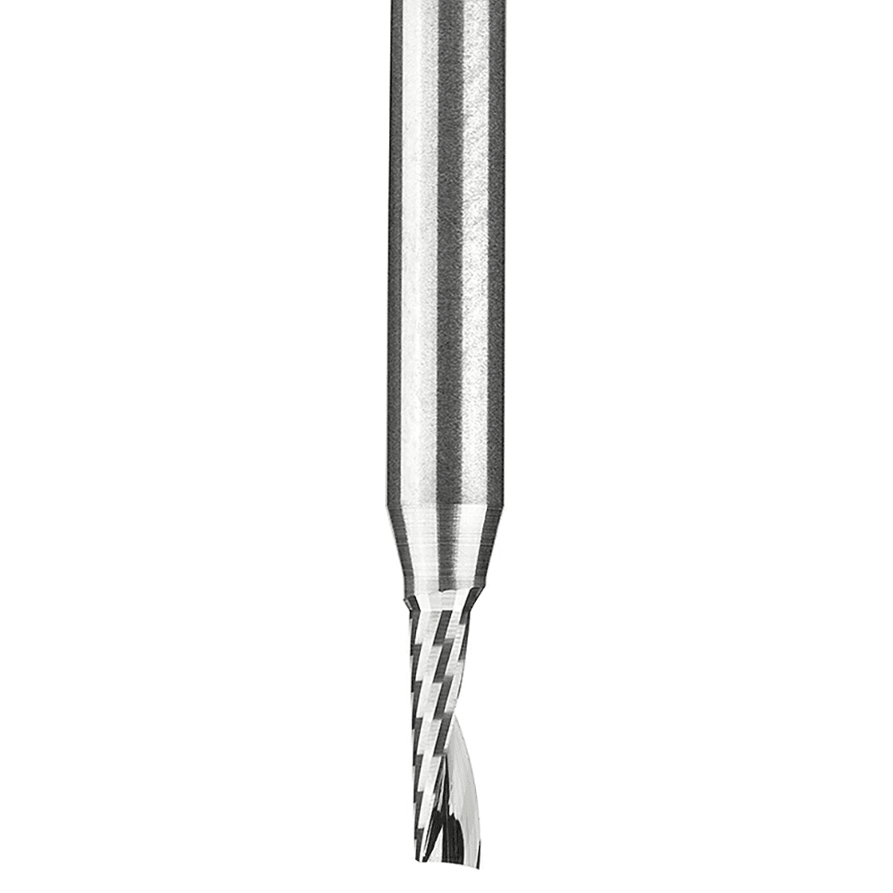2mm Dia x 6mm Metric Solid Carbide CNC Spiral 'O' Single Flute, Plastic Cutting, 3mm Shank, 50mm Long Up-Cut Router Bit Alt 2 - Image