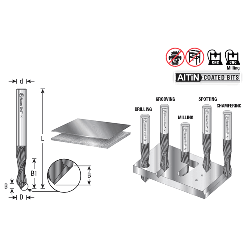 1/4" Dia x 1/8 High Performance CNC Solid Carbide 'V' Spiral Drills with AlTiN Coating 4-Flute, 1/4" Shank, 2-1/2" Long Up-Cut Router Bit, /End Mill Alt 1 - Image