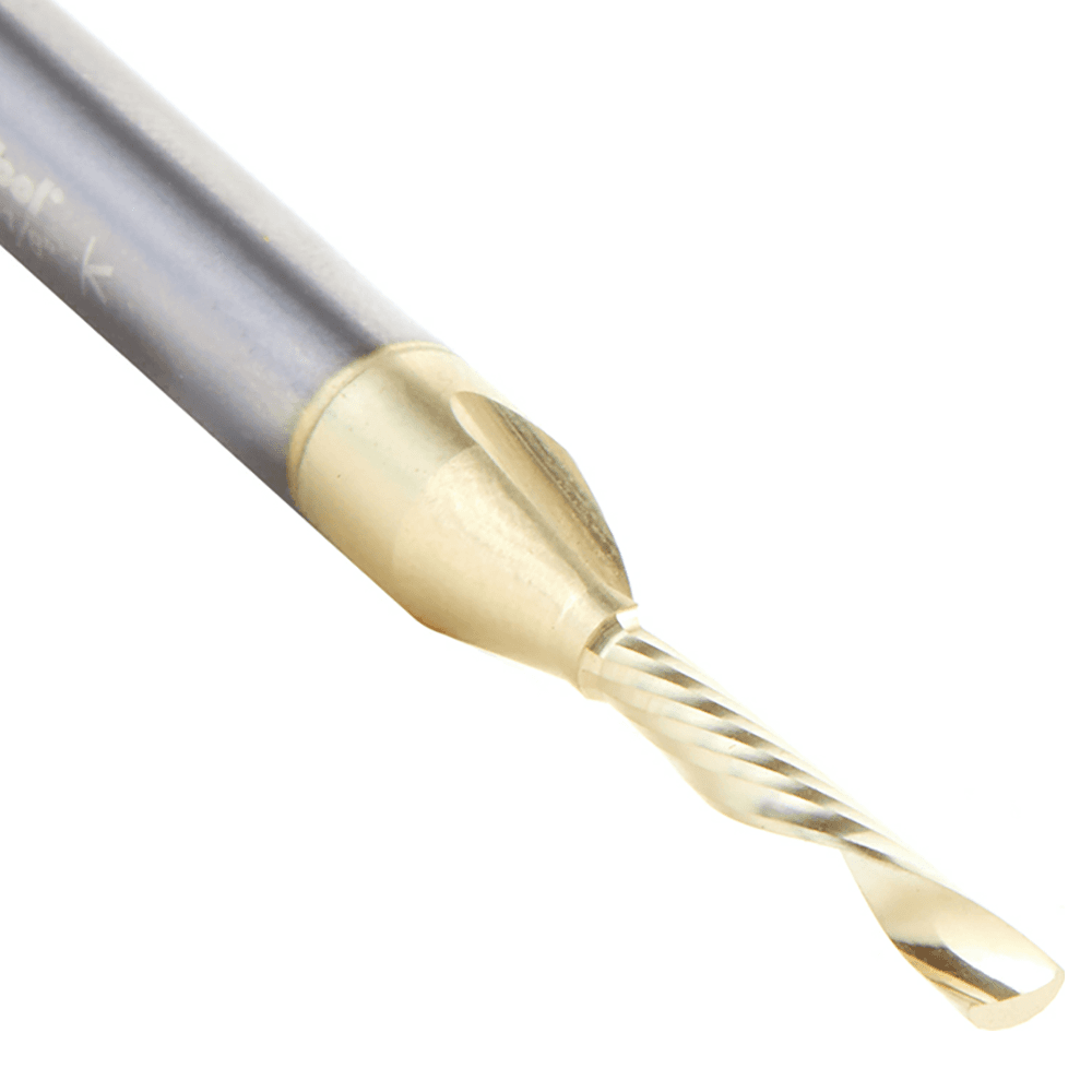 1/8" Dia x 3/4" Solid Carbide CNC Spiral 'O' Single Flute, Aluminum Cutting, 1/4" Shank, Down-Cut ZrN Coated Router Bit Alt 4 - Image
