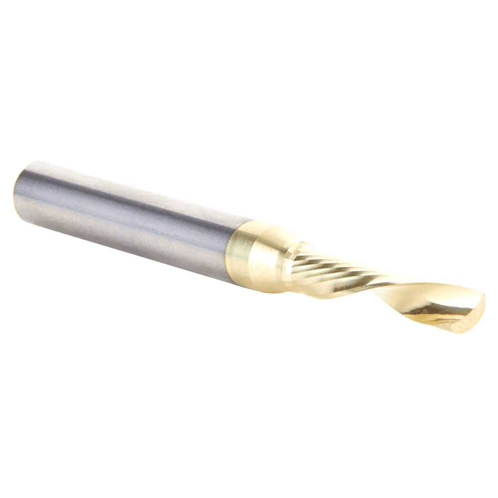 3/16" Dia x 7/8" Solid Carbide CNC Spiral 'O' Single Flute, Aluminum Cutting, 1/4" Shank, Down-Cut ZrN Coated Router Bit Alt 3 - Image