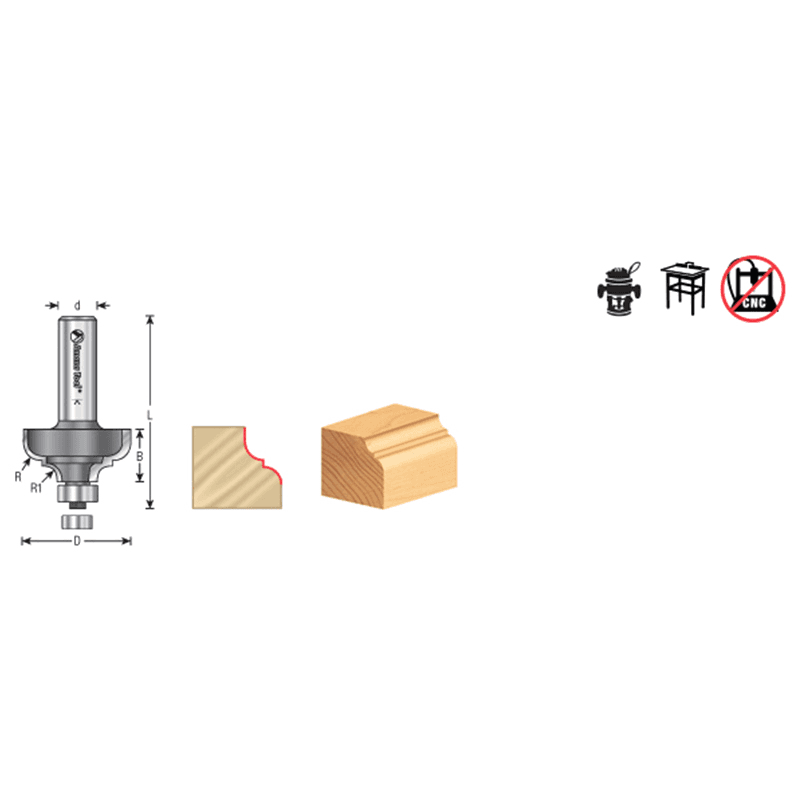 1-3/8" Dia x 11/16" Carbide Tipped Classical Cove/Bead Bit, 1/4" x 3/16" Radius, 1/2" Shank Alt 1 - Image