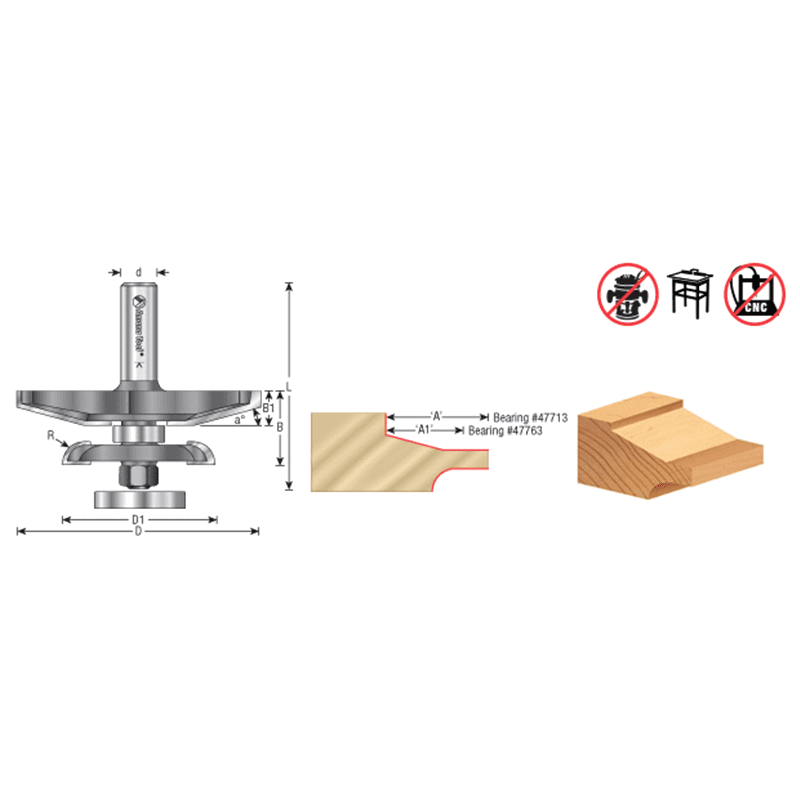 3-3/8" Dia x 1-1/16" Carbide Tipped Traditional Raised Panel Bit with Back Cutter 15° x 1-3/8" Angle, 1/2" Shank Alt 1 - Image
