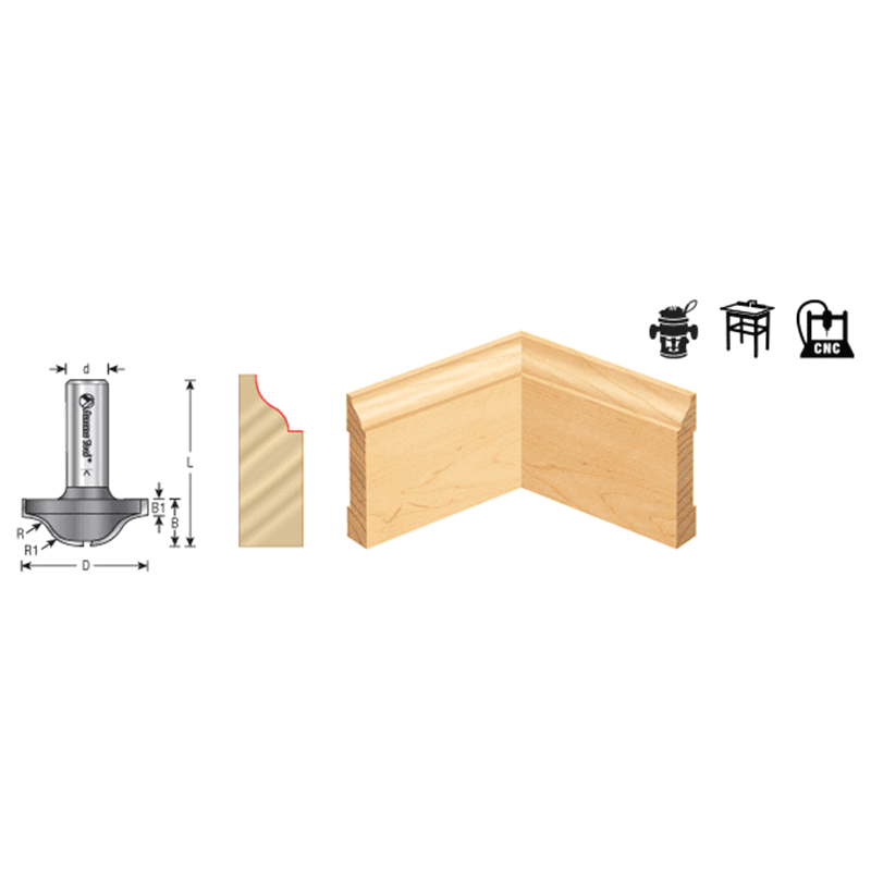 1-7/16" Dia x 19/32" Carbide Tipped Base Molding Ogee Bit, Edge Detail 5/16" x 3/8" Radius, 1/2" Shank Alt 1 - Image