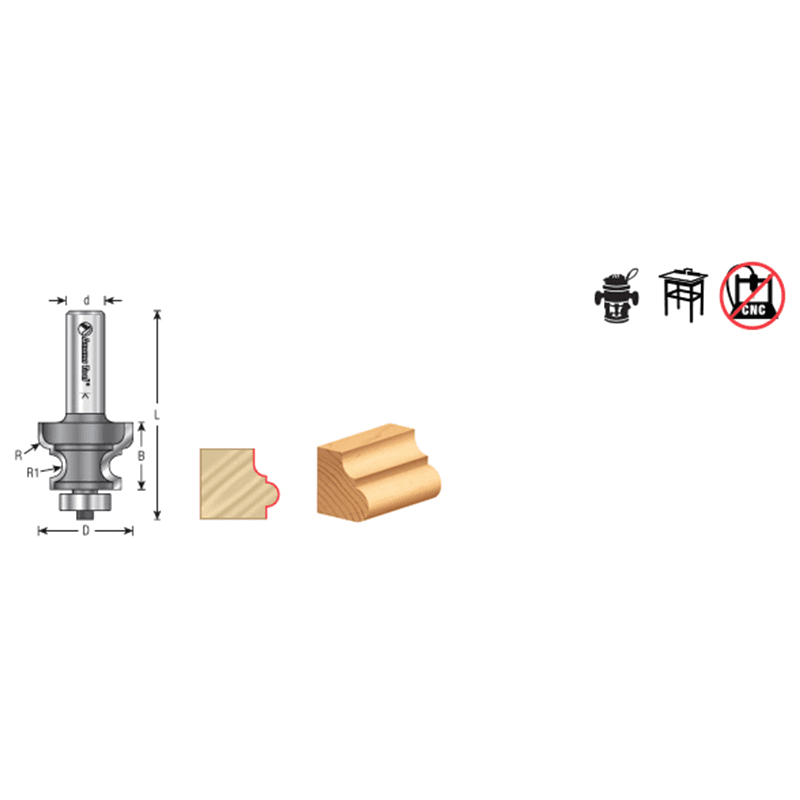 1-9/16" Dia x 1-3/8" Carbide Tipped Edge Molding Bit, 7/32" x 15/64" Radius, 1/2" Shank Alt 1 - Image