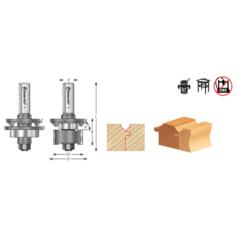1-13/16" Dia x 1/2" to 1-3/16" Carbide Tipped V Paneling 45° Flush Trim Bit, 1/2" Shank with Ball Bearing Assembly Alt 1 - Image
