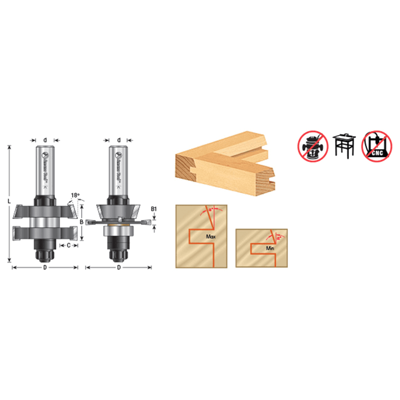 1-7/8" Dia x 5/8" to 1-1/8" Carbide Tipped Adjustable Straight with Bevel Instile and Rail System, 18°, 1/2" Shank Set Alt 1 - Image