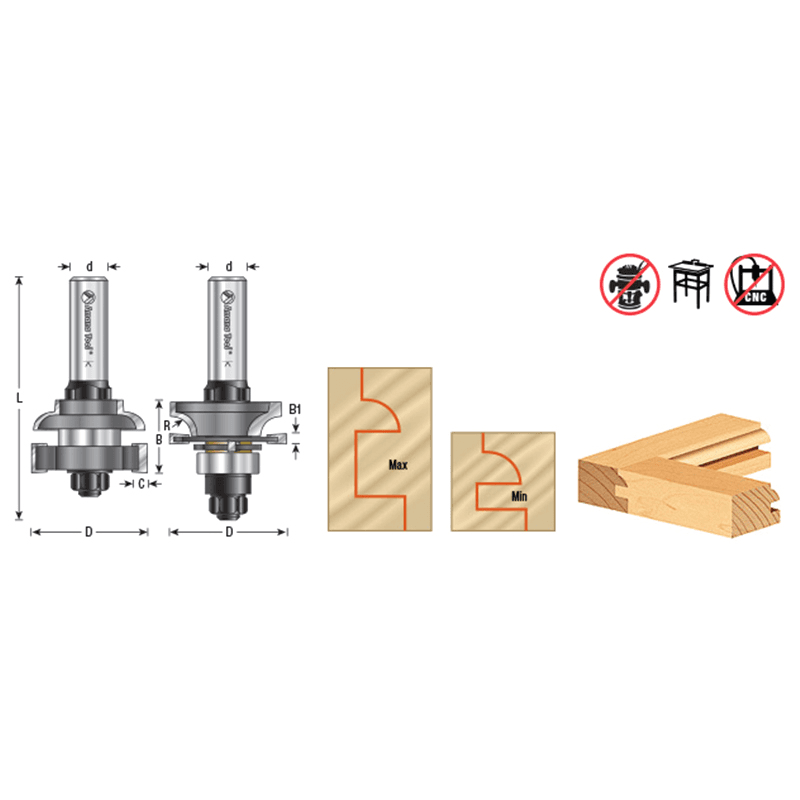 1-5/8" Dia x 5/8" to 1-1/8" Carbide Tipped Adjustable Concave Instile and Rail System, 1/4" Radius, 1/2" Shank Set Alt 1 - Image