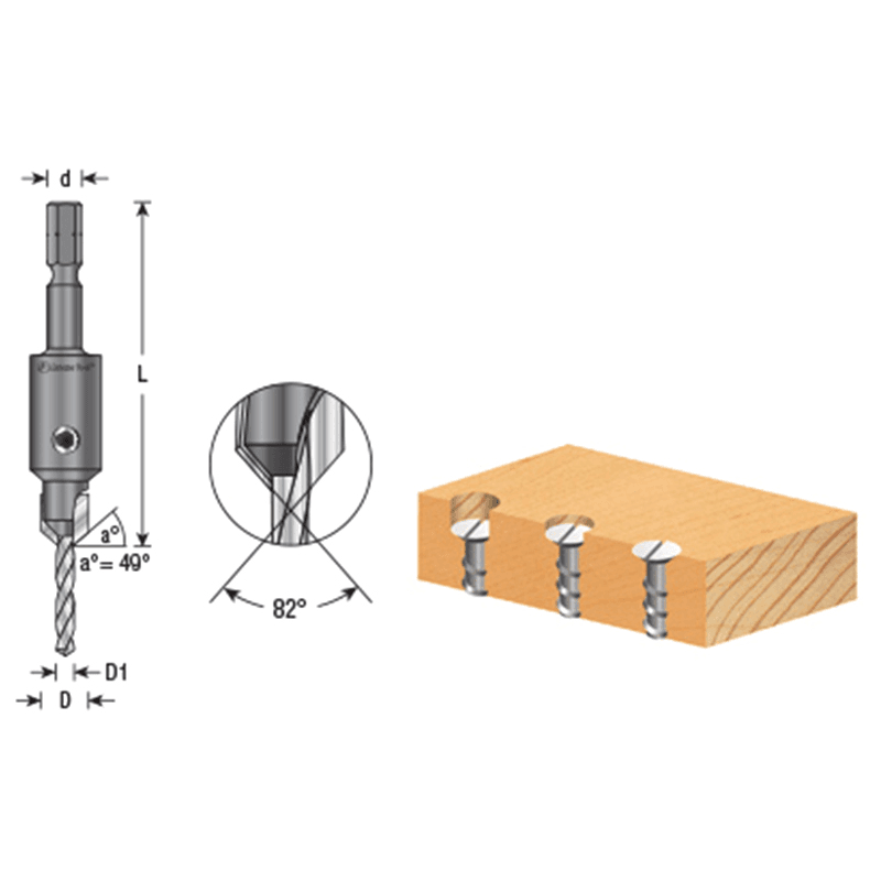 3/8" Dia x 7/64" Drill Dia 82° Carbide Tipped Countersink for Festool CENTROTEC System Alt 1 - Image