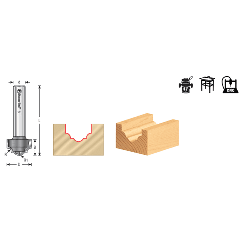 3/4" Dia x 1/2" Carbide Tipped Plunging Classical Router Bit, 9/64" Radius, 1/4" Shank Alt 1 - Image