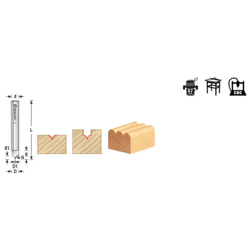 13/64" Dia x 1/4" Solid Carbide Point Cutting Roundover 3/32" Radius Router Bit, 1/4" Shank Alt 1 - Image
