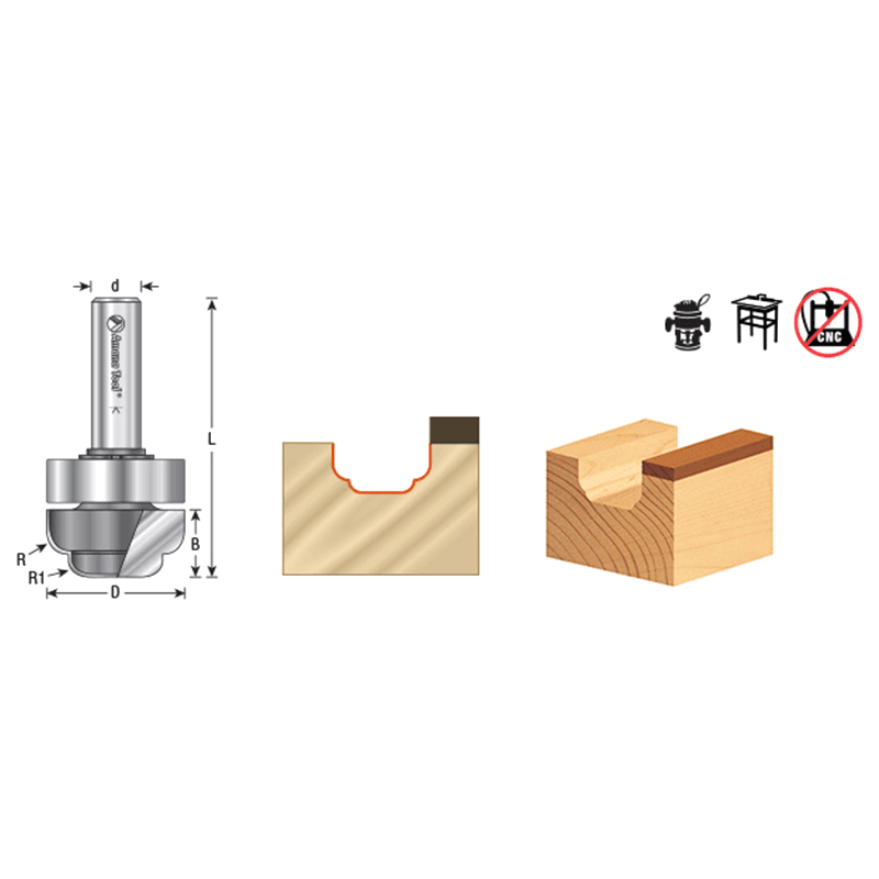 3/4" Dia x 3/8" Carbide Tipped Special Cove 1/8" Radius Core Box Bit, 1/4" Shank Alt 1 - Image