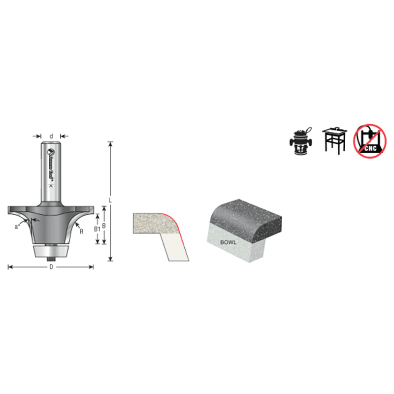 2-1/4" Dia x 1-1/4" Carbide Tipped Undermount Bowl Solid Surface Round Over Bit, 18°, 1/2" Shank Alt 1 - Image