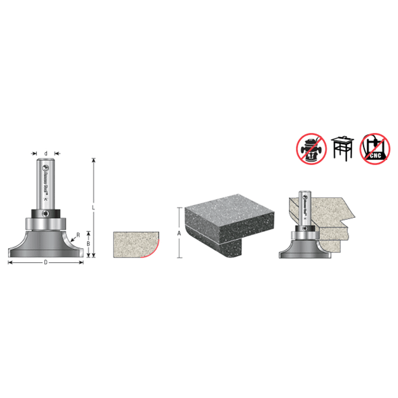 2-5/8" Dia x 1" Carbide Tipped Round Under Solid Surface Router Bit, 3/4" Radius, 1/2" Shank Alt 1 - Image
