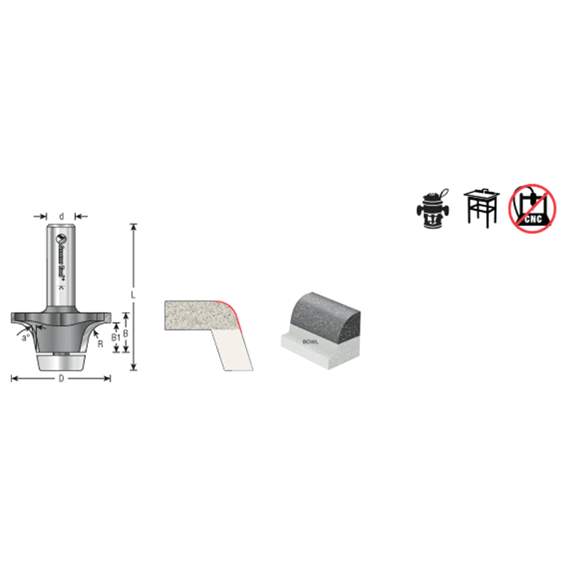 1-25/32" Dia x 11/16" Carbide Tipped Undermount Bowl Solid Surface Round Over Bit, 17°, 1/2" Shank Alt 1 - Image