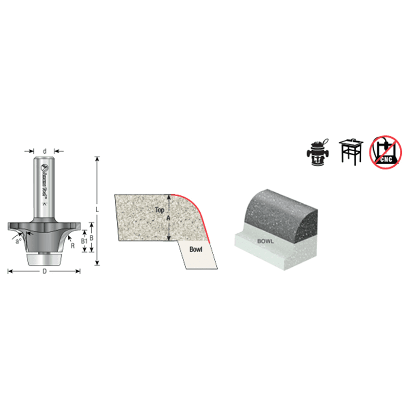 2-1/8" Dia x 1" Carbide Tipped Undermount Bowl Solid Surface Round Over Bit, 17°, 1/2" Shank Alt 1 - Image