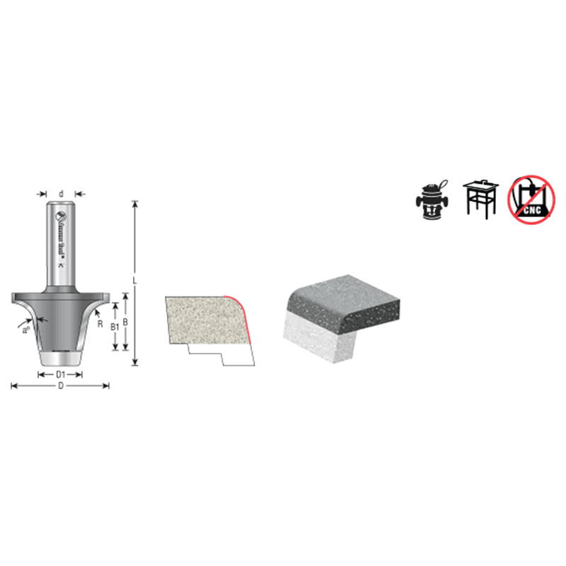 1-7/8" Dia x 1" Carbide Tipped Round Over with Ultra-Glide Radius Bearing Guide Solid Surface, 10°, 3/8 Radius, 1/2" Shank Alt 1 - Image