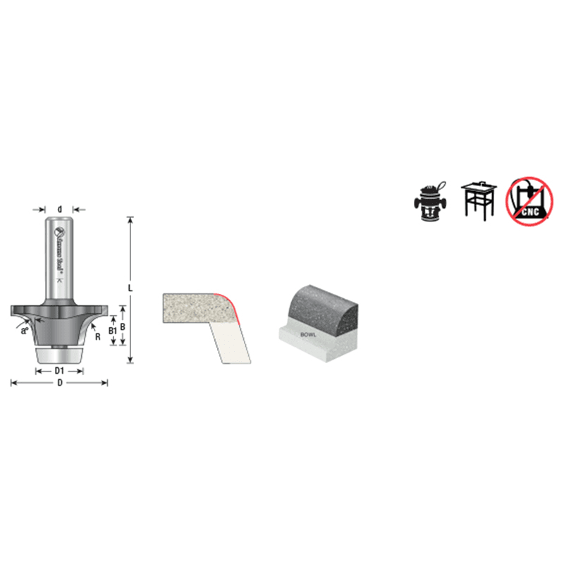 2-3/16" Dia x 63/64" Carbide Tipped Undermount Bowl Solid Surface Round Over Bit, 14°, 1/2" Shank Alt 1 - Image