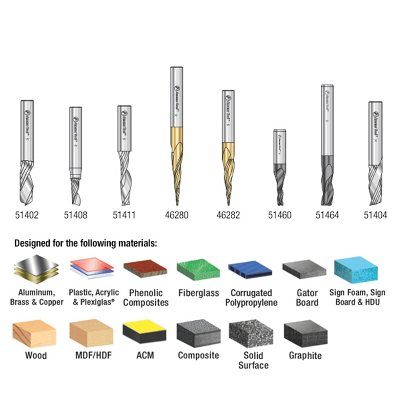 8-Piece CNC Aluminum/Plastics/Stainless Steel Cutting Router Bit Collection, 1/4" Shank - Alt Image 2