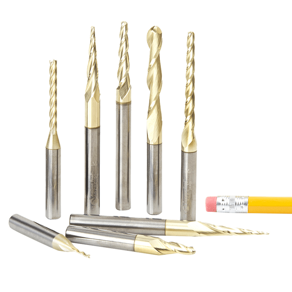 8-Piece CNC 2D/3D Carving Ball Nose ZrN Coated Up-Cut Spiral Router Bit Collection, 1/4" Shank - Main Image