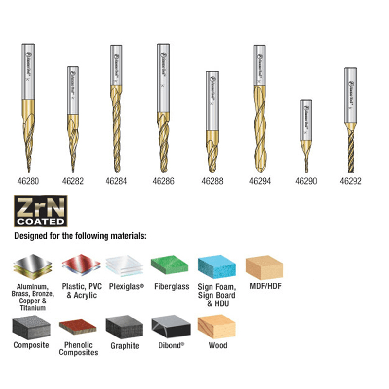 8-Piece CNC 2D/3D Carving Ball Nose ZrN Coated Up-Cut Spiral Router Bit Collection, 1/4" Shank - Alt Image 2