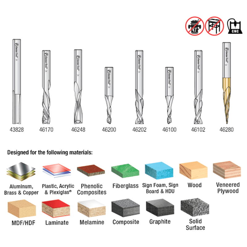 Spiral Compression, Tapered/Straight CNC Router Bit, 1/4" Shank (8 Pices) Alt 1 - Image