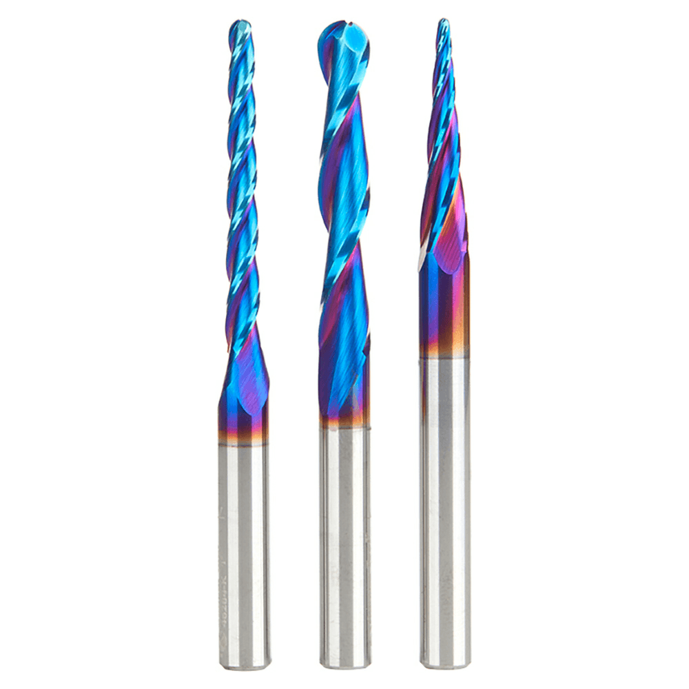3-Piece CNC 2D/3D Carving Ball Nose Spektra Up-Cut Spiral Router Bit Set, 1/4" Shank - Main Image