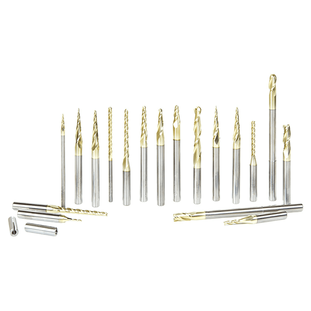 18-Piece 2D/3D Carving/Lettering ZrN Coated Up-Cut Spiral Router Bit Collection - Main Image