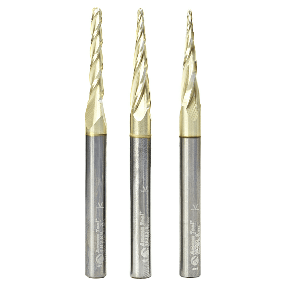 AMS-144 3-Piece CNC 2D/3D Carving Ball Nose ZrN Coated Up-Cut Spiral Router Bit Set, 1/4" Shank - Main Image