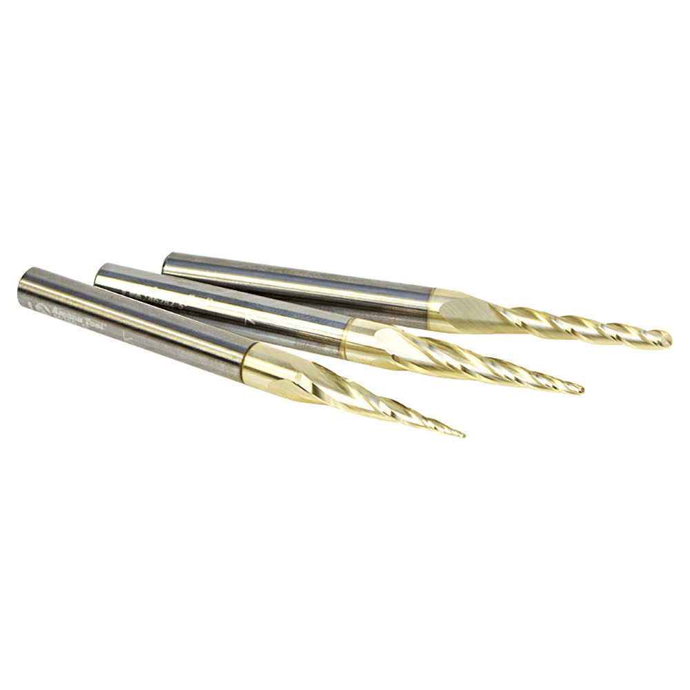 AMS-144 3-Piece CNC 2D/3D Carving Ball Nose ZrN Coated Up-Cut Spiral Router Bit Set, 1/4" Shank - Alt Image 1