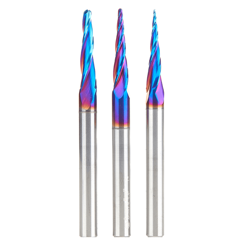 AMS-144-K 3-Piece 2D/3D Carving Ball Nose Spektra CNC Up-Cut Spiral Router Bit Set, 1/4" Shank - Main Image