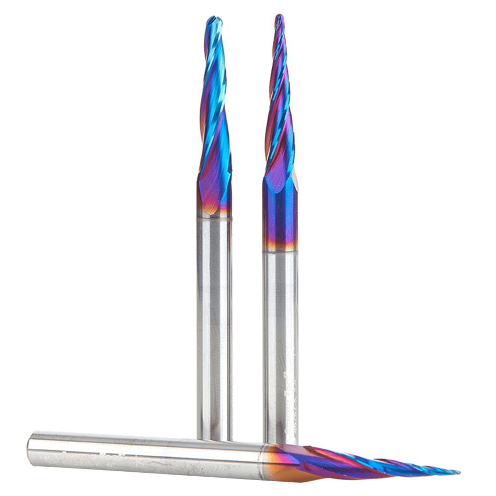3-Piece 2D/3D Carving Ball Nose/Flat Bottom ZrN Coated CNC Up-Cut Spiral Router Bit Set, 1/4" Shank - Alt Image 1