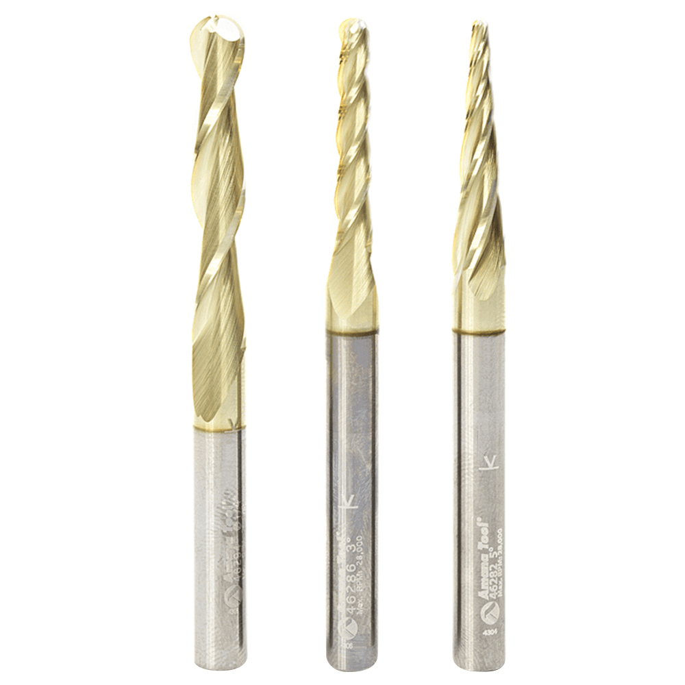 3-Piece 2D/3D Carving Ball Nose ZrN Coated CNC Up-Cut Spiral Router Bit Set, 1/4" Shank - Main Image