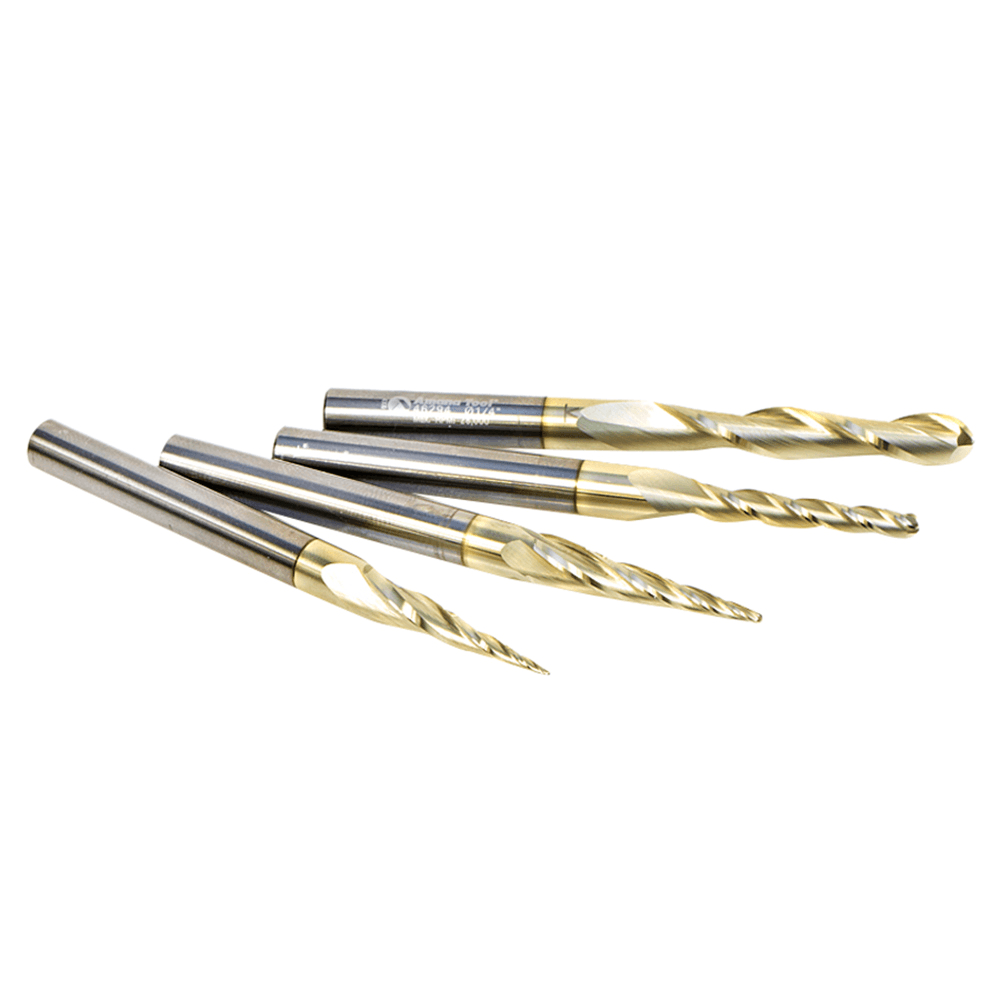 4-Piece 2D/3D Carving Ball Nose ZrN Coated CNC Up-Cut Spiral Router Bit Set, 1/4" Shank - Alt Image 1